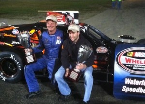 Todd Ceravolo (left) and his son-in-law Keith Rocco celebrate in victory lane at the Waterford Speedbowl in 2012 (Photo: Mark Caise/Waterford Speedbowl)
