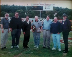Charlie Mitchell was honored at Stafford Speedway following his retirement more than a decade ago. Pictured (left to right): Peter Vanderveer, Matt Buckler, Jack Arute Jr., Charlie Mitchell, Jack Arute Sr., Shawn Courchesne and Deane Mercier)