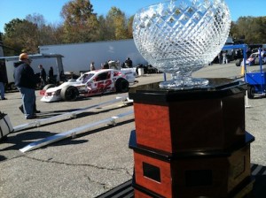 The NASCAR Modified Tour championship trophy on display at Thompson Speedway