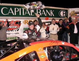 Burt Myers celebrates his North-South Shootout victory in 2009 at Concord Speedway  