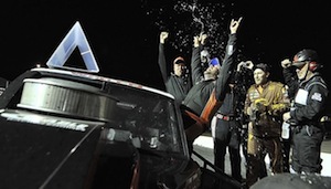 Jason Myers celebrates a victory at Caraway Speedway in Sophia, N.C. (Photo: Jason Smith/pixelcrisp for NASCAR)