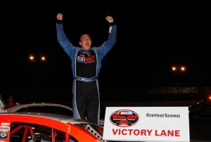 Ryan Preece celebrates a Whelen Modified Tour victory in 2013 at Riverhead Raceway (Photo: Mike Stobe/Getty Images for NASCAR)