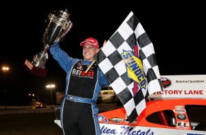 Ryan Preece celebrates in victory lane at the Waterford Speedbowl last June following the Whelen Modified Tour Mr. Rooter 161 (Photo: Alex Trautwig/Getty Images for NASCAR)