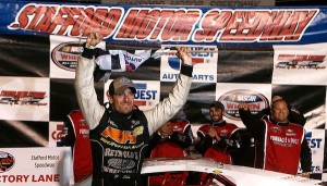 Doug Coby celebrates a Whelen Modified Tour victory in August at Stafford Speedway (Photo: Jim Rogash/Getty Images for NASCAR)
