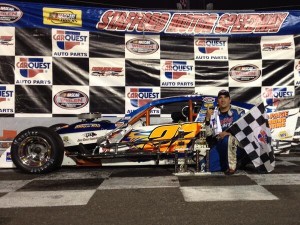 Woody Pitkat celebrates his first of two SK Modified victories in 2013 at Stafford Speedway  (Photo: Stephanie Kimball/Stafford Speedway)