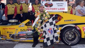 Donny Lia celebrates victory in the Whelen Modified Tour Fall Final 150 Sept. 29 at Stafford Speedway (Photo: Darren McCollester/Getty Images for NASCAR)