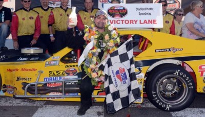 Donny Lia celebrates victory in the Whelen Modified Tour Fall Final 150 Sunday at Stafford Speedway (Photo: Darren McCollester/Getty Images for NASCAR)