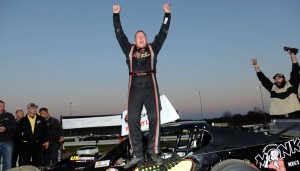 Rowan Pennink celebrates his last Whelen Modified Tour victory Oct. 20, 2013 at Thompson Speedway (Photo: Darren McCollester/Getty Images for NASCAR)