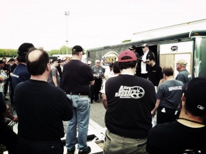 Scott Tapley oversees a Valenti Modified Racing Series drivers meeting at Thompson Speedway in 2013