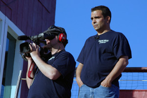 Tom "Sid" DiMaggio (right) and camera operator Brett Gleason work at the Waterford Speedbowl (Photo: Tiesha DiMaggio/Vault Crew Productions)
