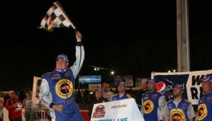 George Brunnhoelzl III celebrates Saturday at  Langley Speedway (Photo: Mark Rogers for NASCAR)