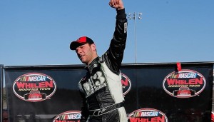Justin Bonsignore celebrates in victory lane after winning the NASCAR Modified Tour Icebreaker 150 Sunday at Thompson Speedway (Photo: Jim Rogash/Getty Images for NASCAR)