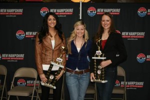 2014 Speedway Star winner Cara Peters (right) stands with runner-up Whitney Doucet (left) and third-place finisher Jilly Martin (middle) after Saturday’s fifth annual singing contest. (Photo: New Hampshire Motor Speedway)