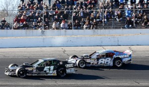Justin Bonsignore (51) and Woody Pitkat (88) battle for position during the NASCAR Modified Tour season opening Icebreaker 150 April 6 at Thompson Speedway (Photo: Jim Rogash/Getty Images for NASCAR)