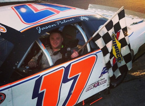 Jason Palmer celebrates a Late Model victory Saturday at the Waterford Speedbowl (Photo: Mark Caise/Waterford Speedbowl)