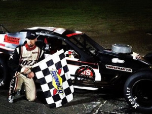 Kyle James celebrates his first SK Modified victory of the season Saturday at the Waterford Speedbowl (Photo: Mark Caise/Waterford Speedbowl) 