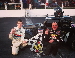 Mike Christopher Jr. (left) celebrates in victory lane Saturday night at the Waterford Speedbowl with his uncle Ted Christopher (Photo: Mark Caise/Waterford Speedbowl)
