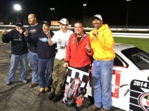 Rick Gentes (in red) celebrates his Late Model Sprint victory Thursday at Thompson Speedway