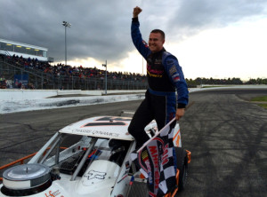 Ryan Preece celebrates victory in the first of two SK Modified division features Thursday at Thompson Speedway