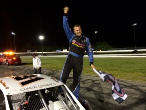 Ryan Preece celebrates his second SK Modified feature Thursday at Thompson Speedway 