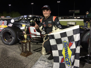 Tommy Barrett Jr. in victory lane after Thursday's Valenti Modified Racing Series event at Thompson Speedway