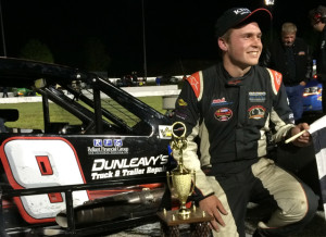 Tommy Barrett Jr. celebrates a Valenti Modified Racing Series victory last year at Thompson Speedway 