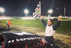 Vin Esposito celebrates a Late Model victory in 2014 at the Waterford Speedbowl (Photo: Mark Caise/Waterford Speedbowl)