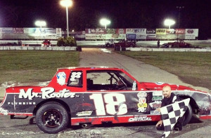 Josh Galvin celebrates his sixth Street Stock victory of the season Saturday at the Waterford Speedbowl (Photo: Mark Caise/Waterford Speedbowl)