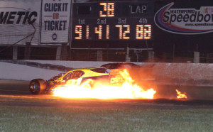 Flames erupt in Shawn Monahan's SK Modified Saturday at the Waterford Speedbowl (Photo: Waterford Speedbowl / Race Dog Photography)