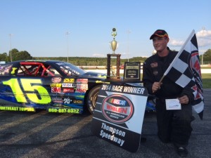 Jeff Smith celebrates his first career victory Wednesday at Thompson Speedway