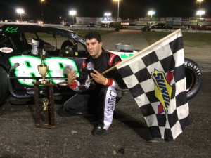 Keith Rocco celebrates his 62nd career SK Modified victory at the Waterford Speedbowl Saturday. 