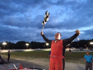 Jeffrey Gallup celebrates his first career SK Modified feature victory Saturday at the Waterford Speedbowl