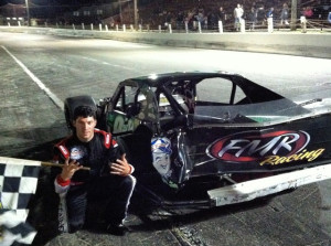 Keith Rocco celebrates setting a new record for all-time SK Modified victories at the Waterford Speedbowl Saturday (Photo: Mark Caise/Waterford Speedbowl)