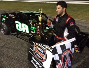 Keith Rocco celebrates his second SK Modified victory of the evening Thursday at Thompson Speedway. 