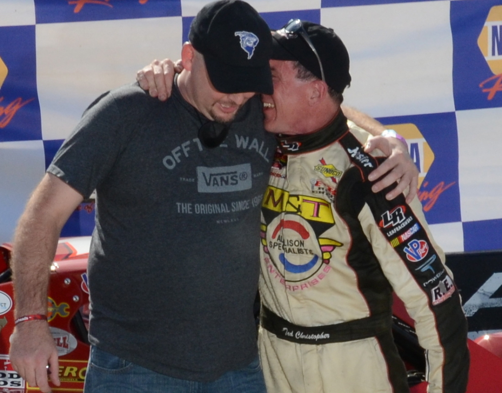 Mike O'Sullivan (left) and Ted Christopher celebrate Christopher's ninth SK Modified championship at Stafford Speedway in 2014 (Photo: Fran Lawlor)