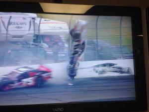 A shot of Ron Yuhas Jr.'s flip from Saturday's Whelen Modified Tour event at NHMS (Photo: Scott Tapley from track video feed)