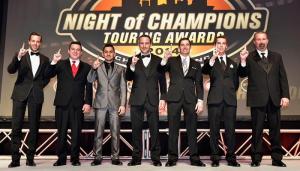 Left, to right, Anthony Kumpen, Andy Seuss, Abraham Calderon, LP Dumoulin, Doug Coby, Ben Rhodes and Greg Pursley were honored Saturday at the NASCAR Touring Series Night of Champions in Charlotte (Photo: Getty Images for NASCAR)