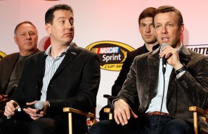 Joe Gibbs Racing Sprint Cup Series drivers Kyle Busch (left) and Matt Kenseth during the NASCAR Sprint Media Tour Monday in Charlotte. (Photo: Bob Leverone/NASCAR via Getty Images)