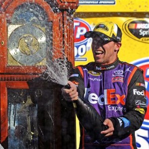 Denny Hamlin celebrates victory Sunday after the STP 500 at Martinsville Speedway (Photo: Rainier Ehrhardt/Getty Images for NASCAR)