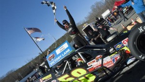 Eric Goodale celebrates victory Sunday at Caraway Speedway in the Whelen Southern Modified Tour season opening event (Photo: Brenda Meserve for NASCAR)
