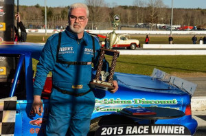 Chris Douton in victory lane after winning the 2015 Limited Sportsman division season opening feature Saturday at Thompson Speedway (Photo: Clarus Studios/Thompson Speedway)