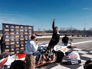 Ryan Preece celebrates victory in the season opening SK Modified feature Sunday at Thompson Speedway 