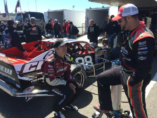 Whelen Modified Tour drivers Woody Pitkat (left) and Eric Goodale chat before Spring Sizzler 200 practice. 