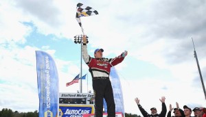 Woody Pitkat celebrates victory in the Whelen Modified Tour NAPA Spring Sizzler 200 Apriil 26 at Stafford Motor Speedway (Photo: Maddie Meyer/Getty Images for NASCAR)