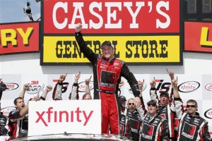 Chris Buescher celebrates after winning the XFinity Series 3M 250 at Iowa Speedway Sunday (Photo: Todd Warshaw/Getty Images for NASCAR)