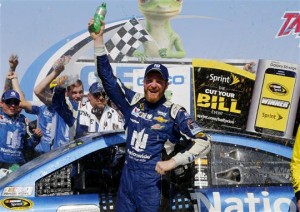 Dale Earnhardt Jr. celebrates victory following the GEICO 500 at Talladega earlier this season (Photo: Jerry Markland/Getty Images for NASCAR)