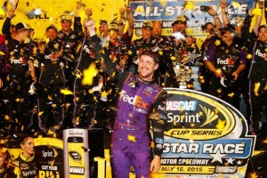 Denny Hamlin celebrates victory in the Sprint All-Star Race Saturday at Charlotte Motor Speedway (Photo: Jerry Marklan/Getty Images for NASCAR) 