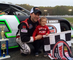 Keith Rocco celebrates victory in the Late Model division Saturday at the New London-Waterford Speedbowl with his son KJ