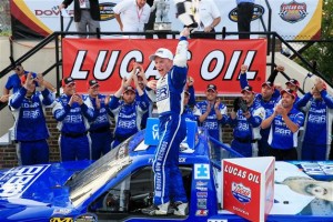 Tyler Reddick celebrates victory in the Camping World Truck Series Lucas Oil 200 at Dover Friday (Photo: Daniel Shirey/Getty Images for NASCAR)