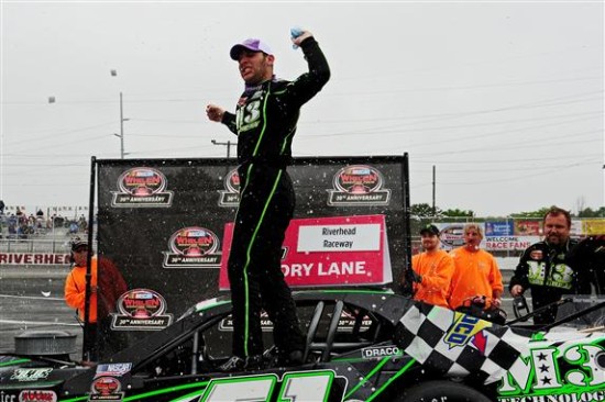 Justin Bonsignore celebrates victory in the Whelen Modified Tour Hoosier Tire East 200 Sunday at Riverhead Raceway (Photo: Will Schneekloth/Getty Images for NASCAR)